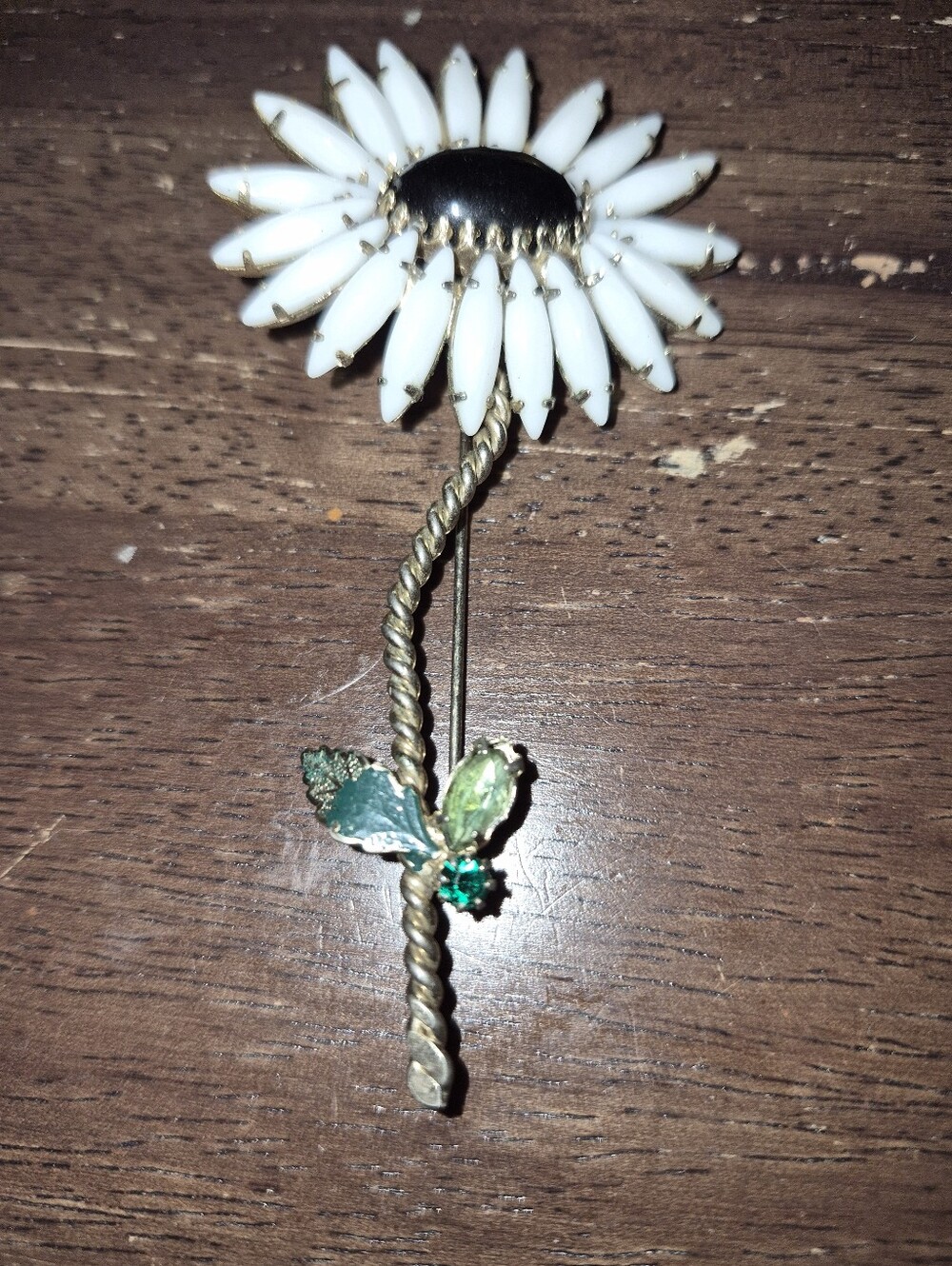 Vintage White Milk Glass Navettes & Black Glass Cadochon Center Flower Brooch
